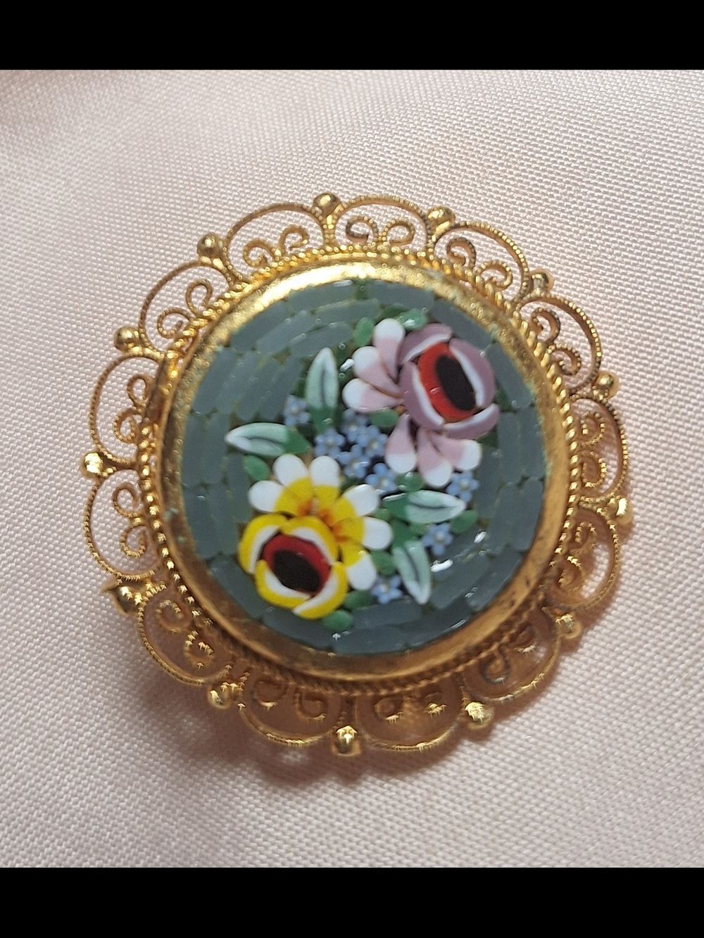 Vintage Gold-Tone Floral Micro Mosaic Brooch - Made In Italy